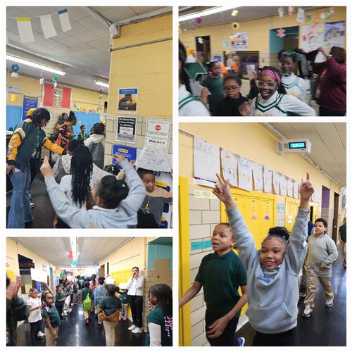 Students and school staff participate in pep rally