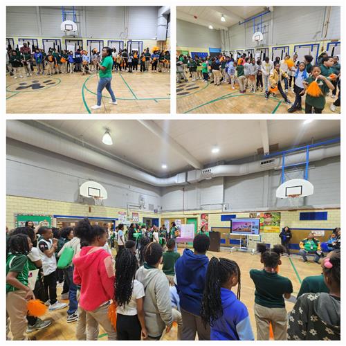 Students and school staff participate in pep rally