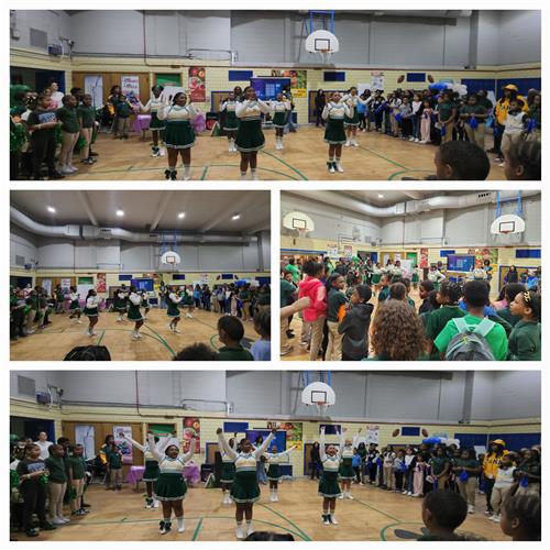 Students and school staff participate in pep rally