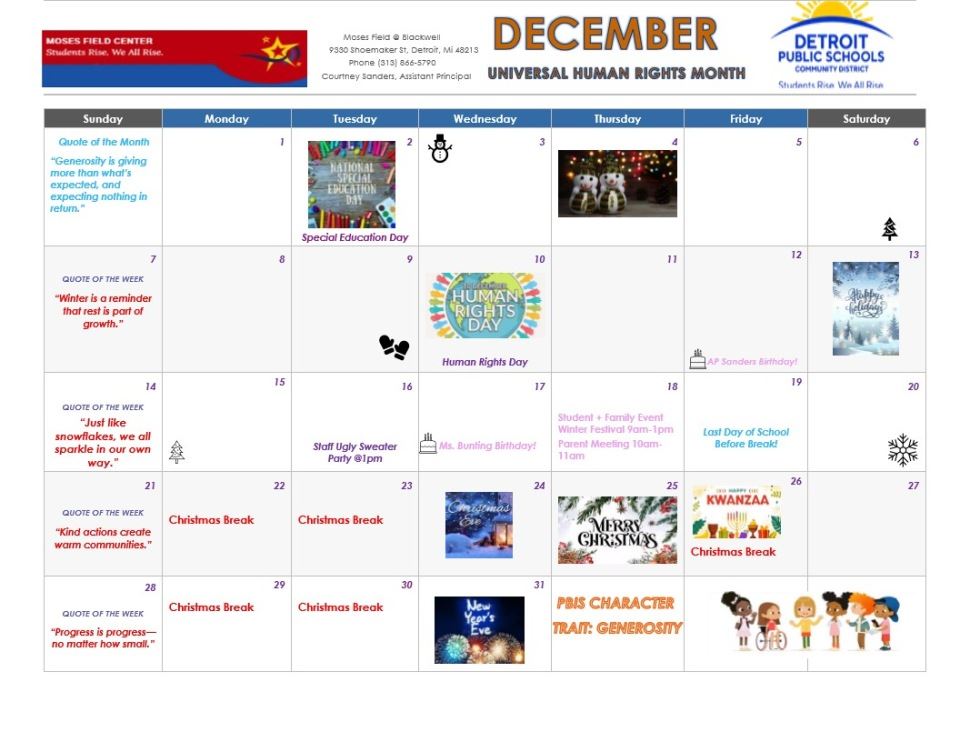  December School Calendar 