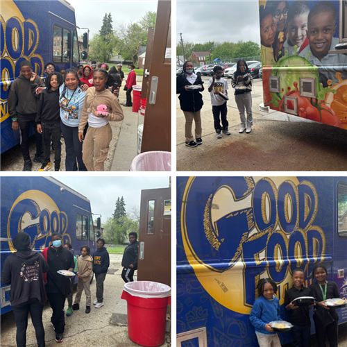 various photos of students smiling in front of food truck