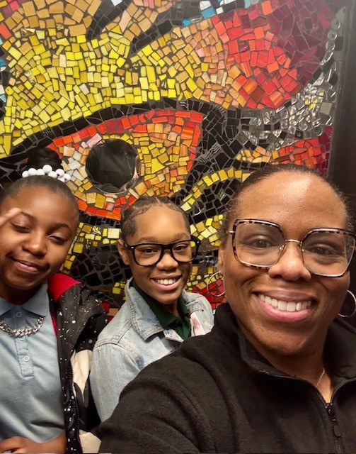  collage of a teacher with her students