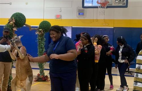 Students in line petting a kangaroo