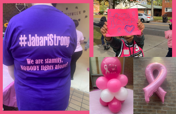  collage of pictures of table center pieces, Jabari Strong staff t-shirt, and "Love Jabari" sign