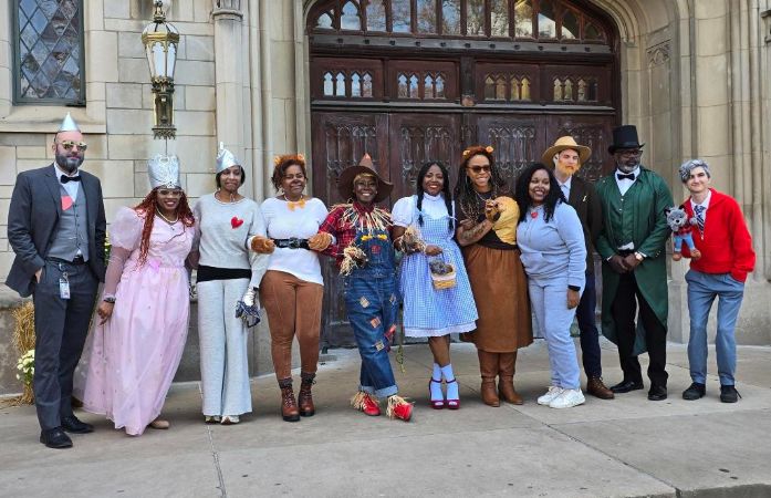  school staff in halloween costumes