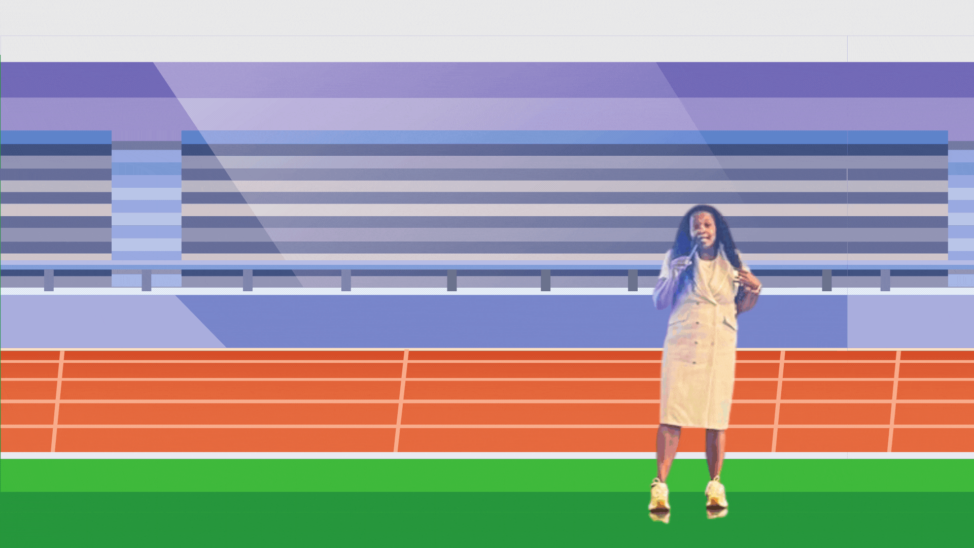  graphic track field with animated pom poms, streamers, and lady on mic