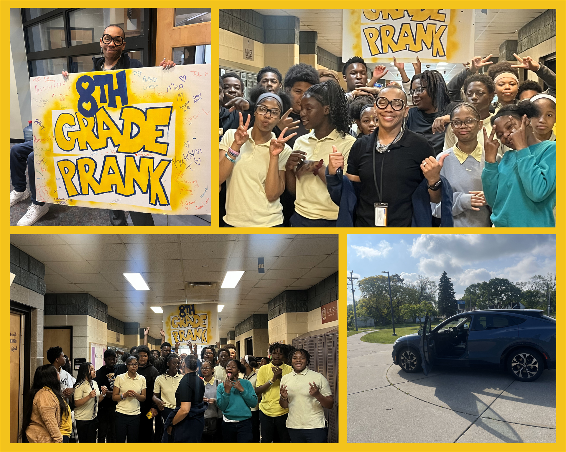 photo collage of students and principal