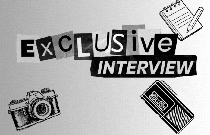 A picture of a camera, voice recorder, paper, and pencil with the words exclusive interview