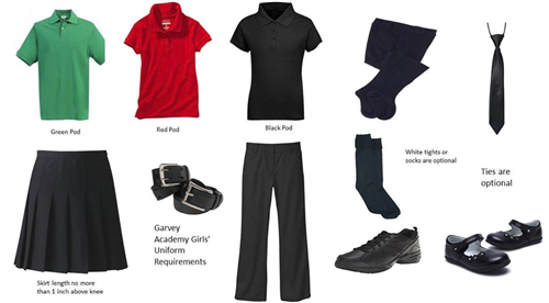 Red, black, and green shirts with black pants and skirts.